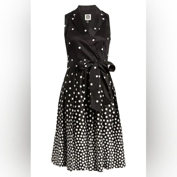 AnneKlein Cotton Fit Flare Faux Wrap Black White Polka Dot Midi Dress Us6 Medium - Picture 3 of 13